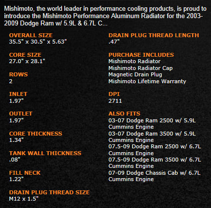 Mishimoto MMRAD-RAM-03 Product Specs